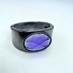Fashion Gunmetal-Tone Purple Bezel Faceted Glass Beads Hinged Cuff Bracelet